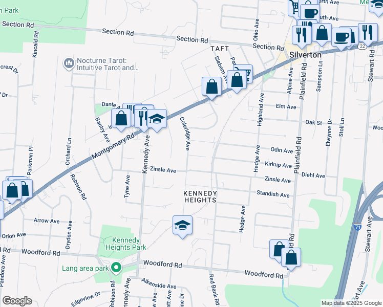 map of restaurants, bars, coffee shops, grocery stores, and more near 3719 Odin Avenue in Cincinnati