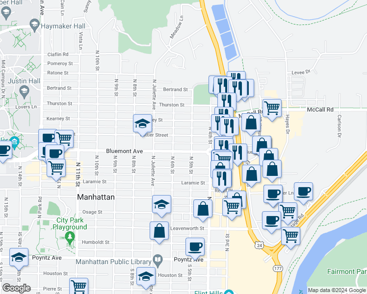 map of restaurants, bars, coffee shops, grocery stores, and more near 515 Vattier Street in Manhattan