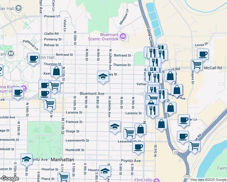map of restaurants, bars, coffee shops, grocery stores, and more near 611 Vattier Street in Manhattan