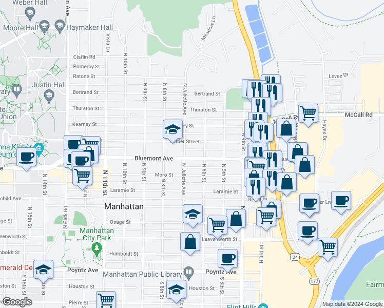 map of restaurants, bars, coffee shops, grocery stores, and more near 620 Bluemont Avenue in Manhattan