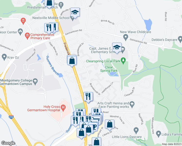 map of restaurants, bars, coffee shops, grocery stores, and more near 11418 Flowerton Place in Germantown