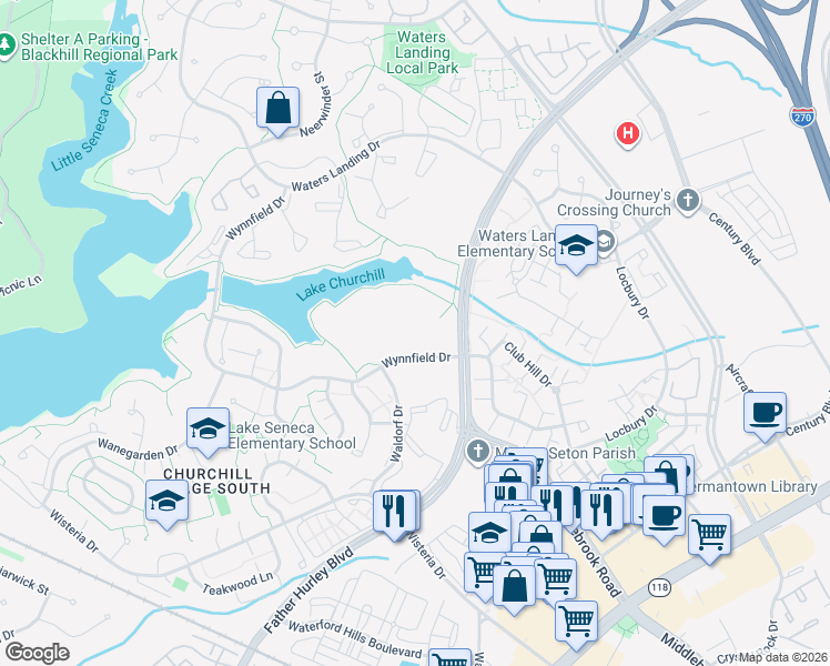 map of restaurants, bars, coffee shops, grocery stores, and more near 20204 Shipley Terrace in Germantown