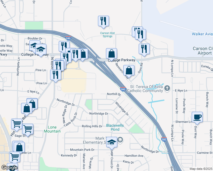 map of restaurants, bars, coffee shops, grocery stores, and more near 3185 Market Street in Carson City