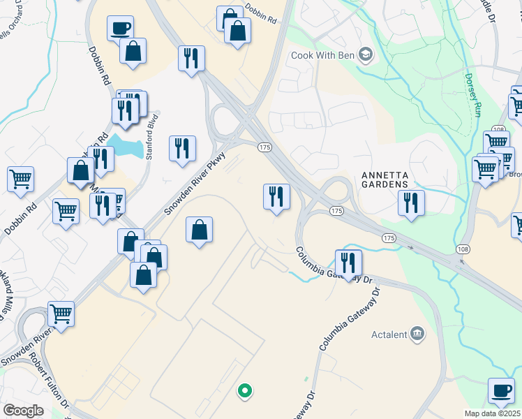 map of restaurants, bars, coffee shops, grocery stores, and more near 6730 Alexander Bell Drive in Columbia
