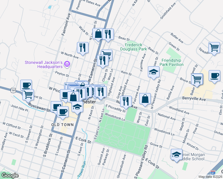 map of restaurants, bars, coffee shops, grocery stores, and more near 402 Highland Avenue in Winchester
