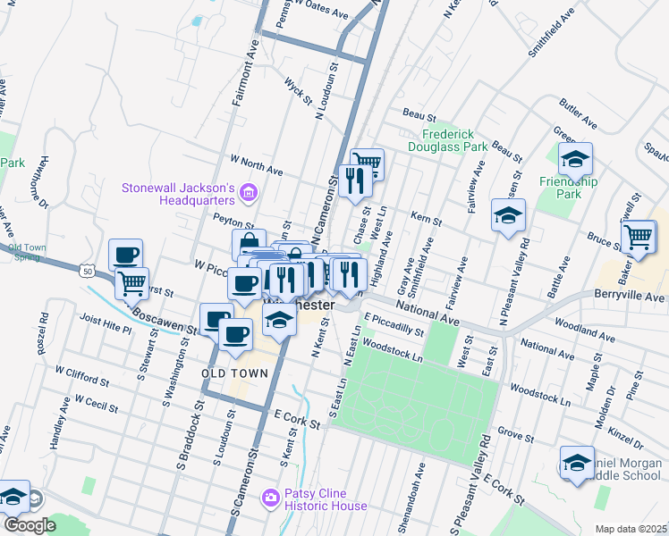 map of restaurants, bars, coffee shops, grocery stores, and more near 130 Baker Street in Winchester