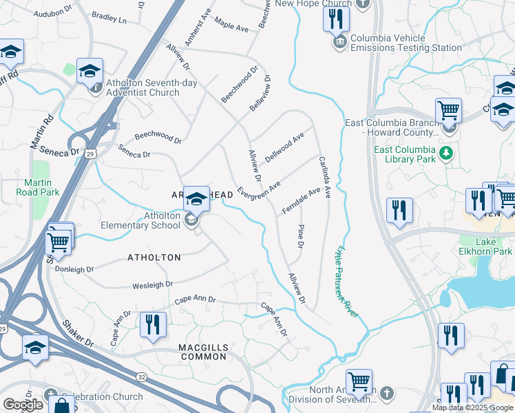 map of restaurants, bars, coffee shops, grocery stores, and more near 10005 Evergreen Avenue in Columbia