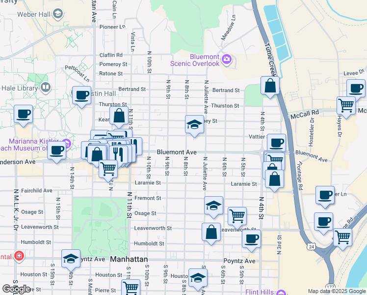 map of restaurants, bars, coffee shops, grocery stores, and more near 800 Bluemont Avenue in Manhattan