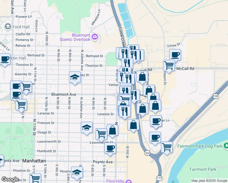 map of restaurants, bars, coffee shops, grocery stores, and more near 417 Vattier Street in Manhattan