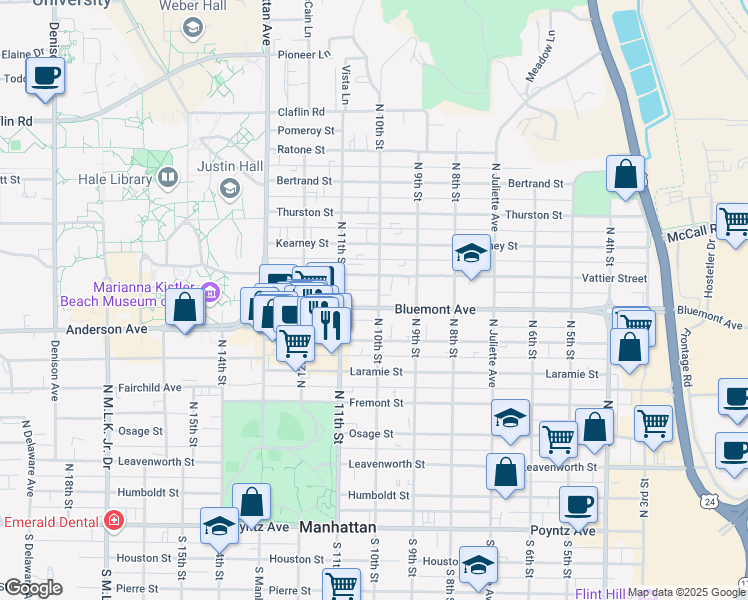map of restaurants, bars, coffee shops, grocery stores, and more near 1000 Bluemont Avenue in Manhattan