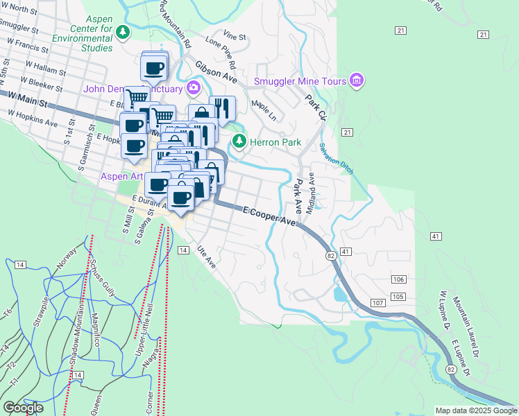 map of restaurants, bars, coffee shops, grocery stores, and more near 1016 East Hyman Avenue in Aspen