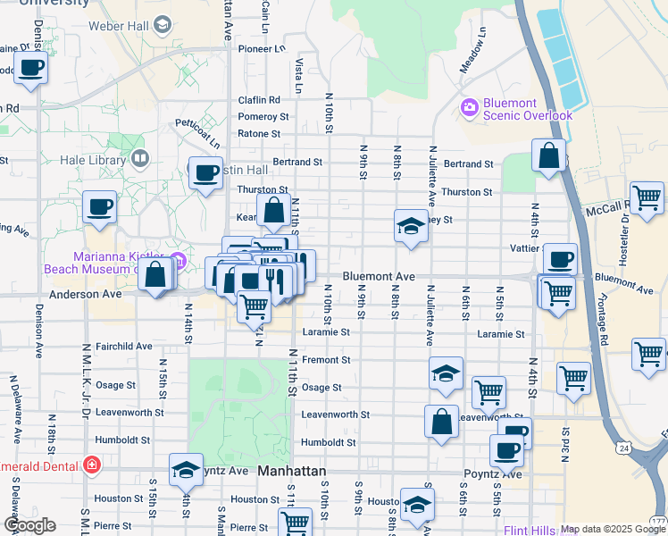 map of restaurants, bars, coffee shops, grocery stores, and more near 926 Bluemont Avenue in Manhattan