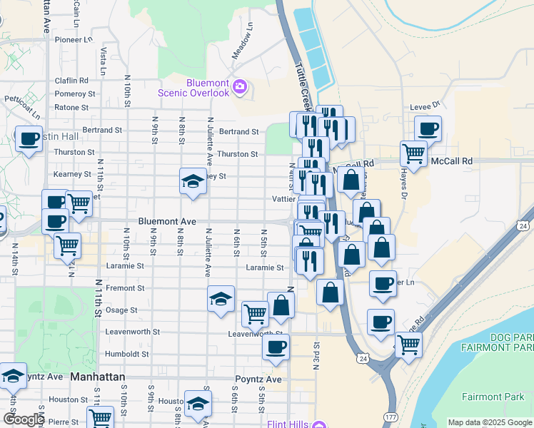 map of restaurants, bars, coffee shops, grocery stores, and more near 802 North 5th Street in Manhattan