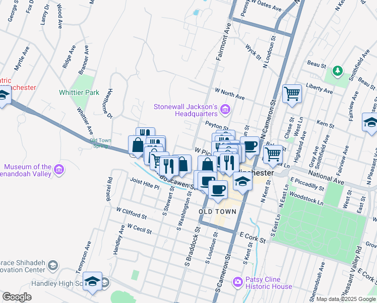 map of restaurants, bars, coffee shops, grocery stores, and more near 307 West Piccadilly Street in Winchester