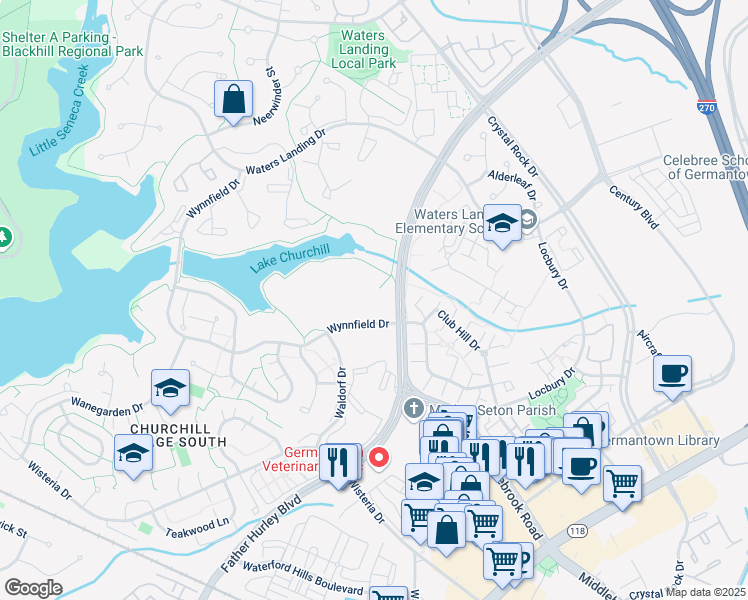 map of restaurants, bars, coffee shops, grocery stores, and more near 20220 Shipley Terrace in Germantown