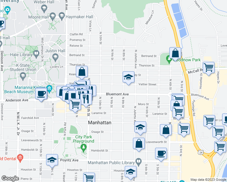 map of restaurants, bars, coffee shops, grocery stores, and more near 830 Bluemont Avenue in Manhattan