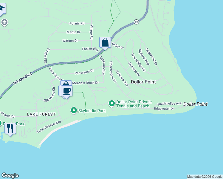 map of restaurants, bars, coffee shops, grocery stores, and more near 86 Whitney Court in Tahoe City