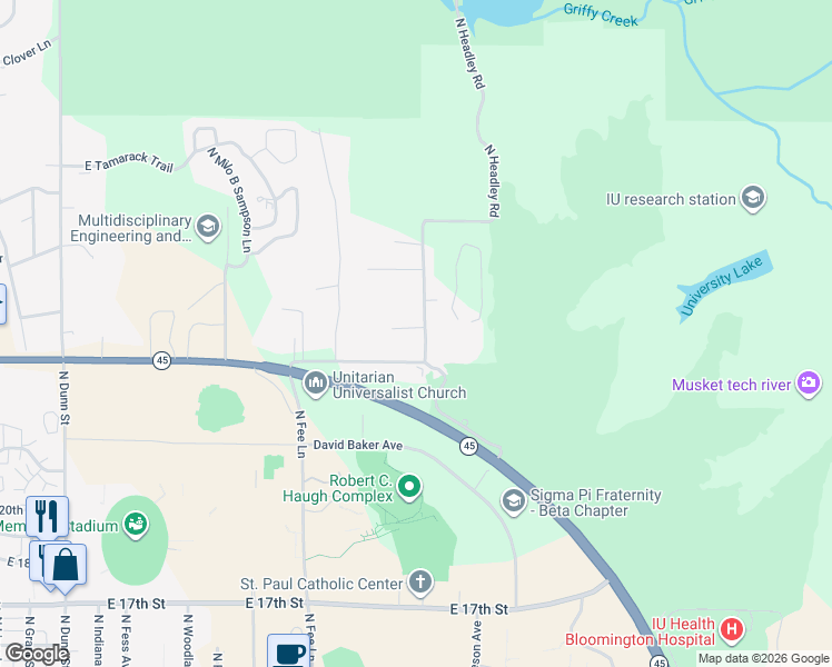 map of restaurants, bars, coffee shops, grocery stores, and more near 2311 North Headley Road in Bloomington