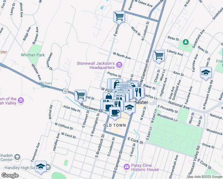 map of restaurants, bars, coffee shops, grocery stores, and more near 118 West Fairfax Lane in Winchester