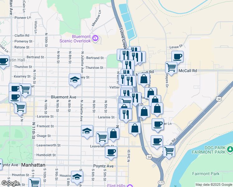 map of restaurants, bars, coffee shops, grocery stores, and more near 417 Vattier Street in Manhattan