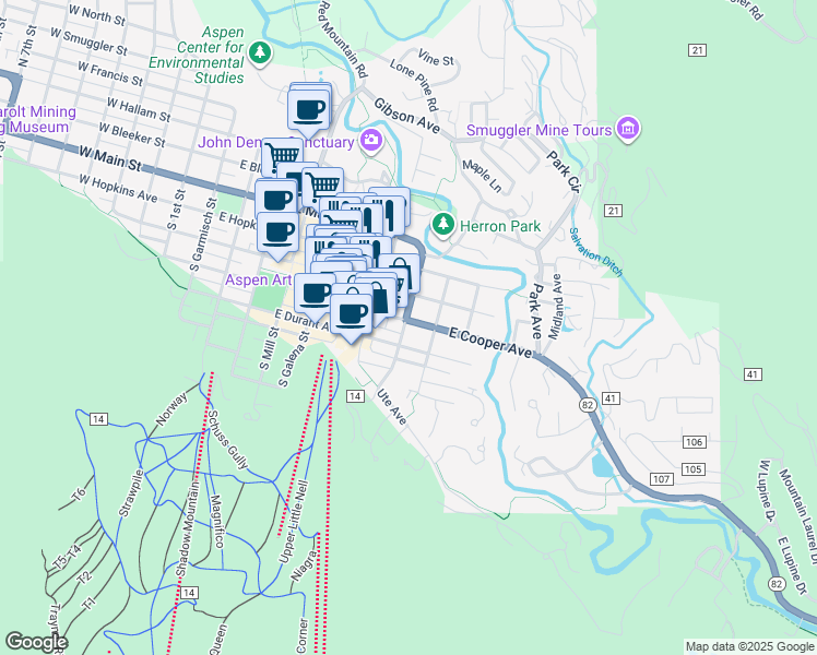 map of restaurants, bars, coffee shops, grocery stores, and more near 802 East Cooper Avenue in Aspen