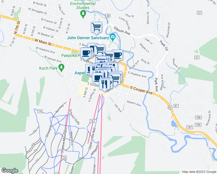 map of restaurants, bars, coffee shops, grocery stores, and more near 409 South Hunter Street in Aspen