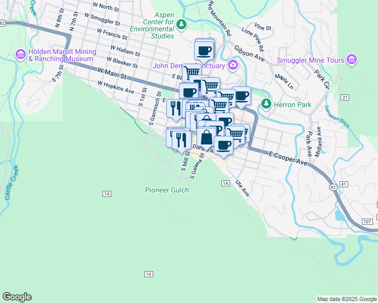 map of restaurants, bars, coffee shops, grocery stores, and more near 303 East Durant Avenue in Aspen