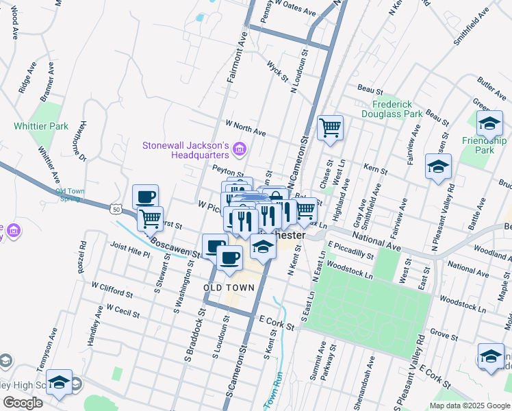 map of restaurants, bars, coffee shops, grocery stores, and more near 301 North Loudoun Street in Winchester