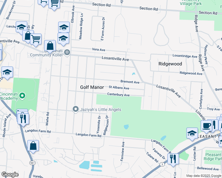 map of restaurants, bars, coffee shops, grocery stores, and more near 2438 Saint Albans Avenue in Cincinnati