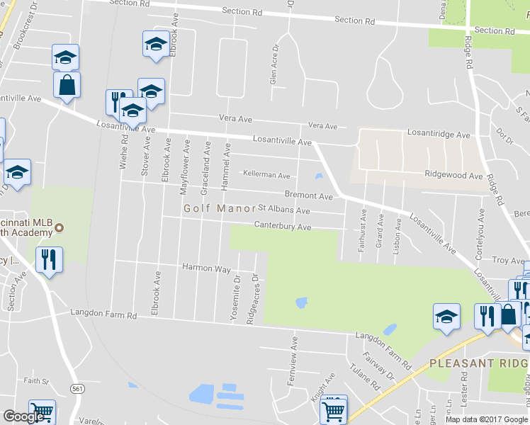 map of restaurants, bars, coffee shops, grocery stores, and more near 2438 Saint Albans Avenue in Cincinnati