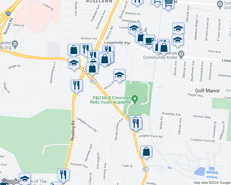 map of restaurants, bars, coffee shops, grocery stores, and more near 6252 Joyce Lane in Cincinnati