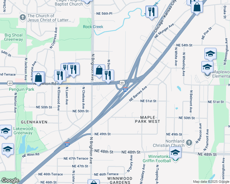 map of restaurants, bars, coffee shops, grocery stores, and more near 5224 North Brighton Place in Kansas City