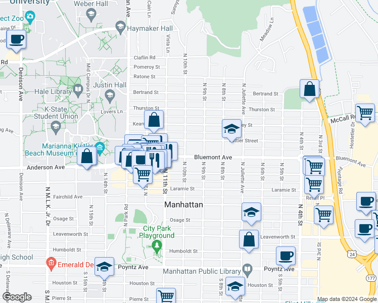 map of restaurants, bars, coffee shops, grocery stores, and more near 931 Vattier Street in Manhattan