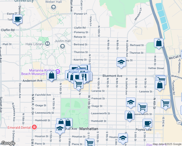 map of restaurants, bars, coffee shops, grocery stores, and more near 1029 Vattier Street in Manhattan