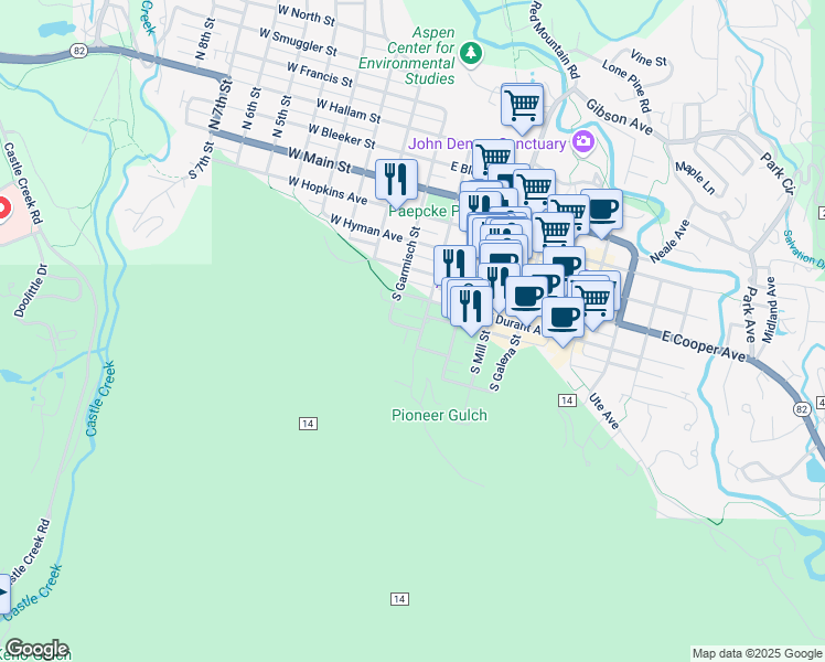 map of restaurants, bars, coffee shops, grocery stores, and more near 700 South Aspen Street in Aspen