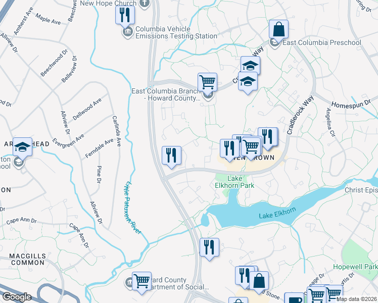 map of restaurants, bars, coffee shops, grocery stores, and more near 7388 Hickory Log Circle in Columbia