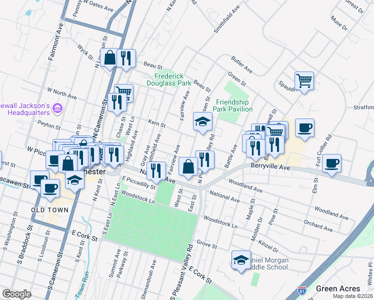 map of restaurants, bars, coffee shops, grocery stores, and more near 419 Van Fossen Street in Winchester