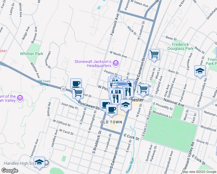 map of restaurants, bars, coffee shops, grocery stores, and more near 118 West Fairfax Lane in Winchester