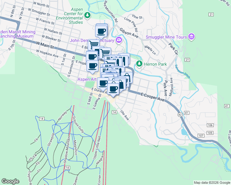 map of restaurants, bars, coffee shops, grocery stores, and more near 685 East Cooper Avenue in Aspen