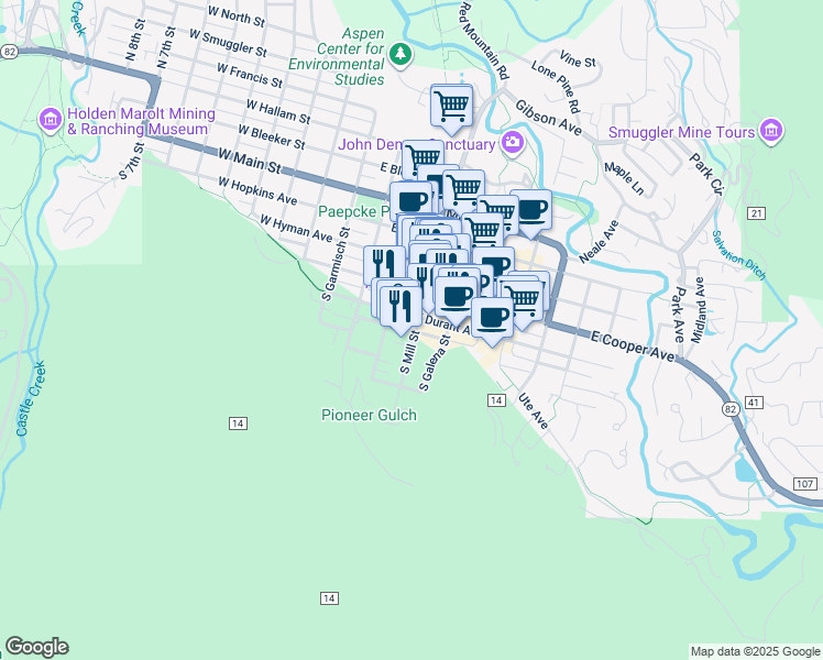 map of restaurants, bars, coffee shops, grocery stores, and more near 303 East Durant Avenue in Aspen