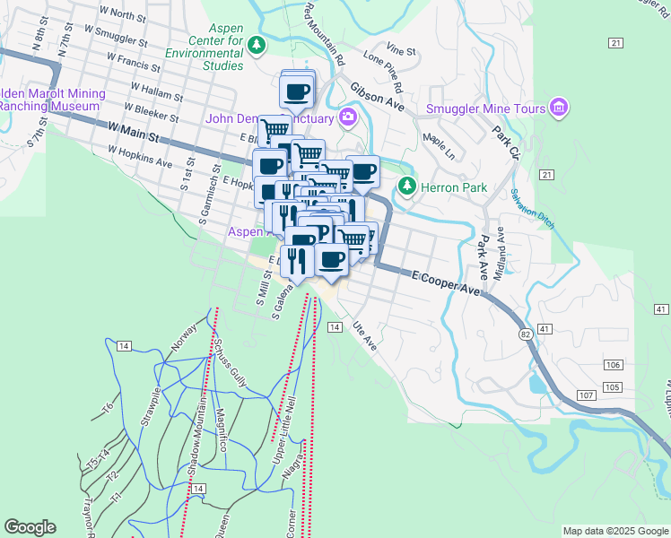 map of restaurants, bars, coffee shops, grocery stores, and more near 409 South Hunter Street in Aspen