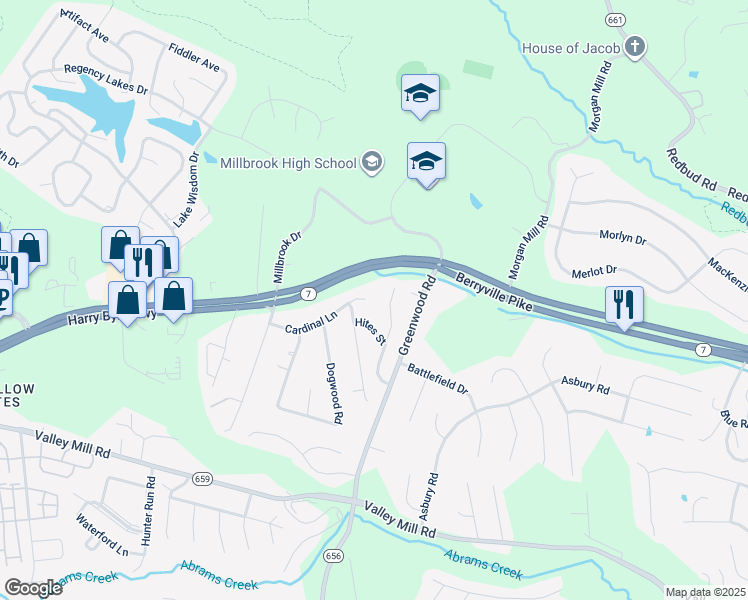 map of restaurants, bars, coffee shops, grocery stores, and more near 136 Cardinal Lane in Winchester