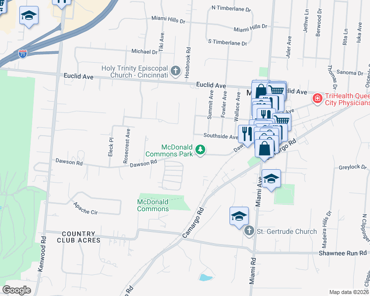 map of restaurants, bars, coffee shops, grocery stores, and more near 7404 Dawson Road in Cincinnati