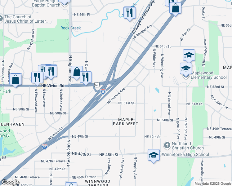 map of restaurants, bars, coffee shops, grocery stores, and more near 5138 North Oakley Avenue in Kansas City
