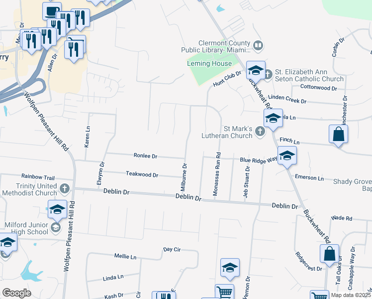 map of restaurants, bars, coffee shops, grocery stores, and more near 5904 Milburne Drive in Milford