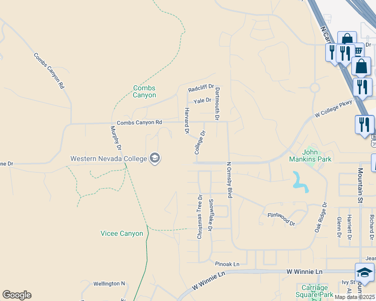 map of restaurants, bars, coffee shops, grocery stores, and more near 2028 College Drive in Carson City