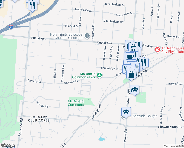 map of restaurants, bars, coffee shops, grocery stores, and more near 7404 Dawson Road in Cincinnati