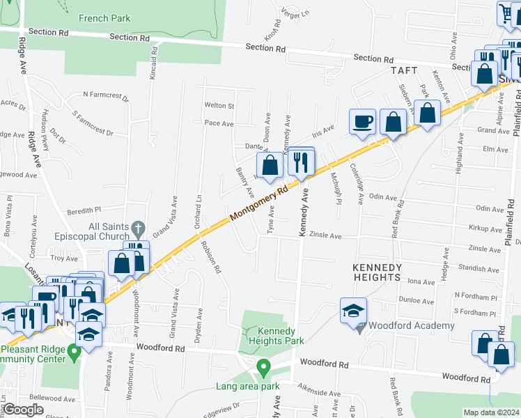 map of restaurants, bars, coffee shops, grocery stores, and more near 6603 Bantry Avenue in Cincinnati
