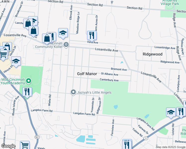 map of restaurants, bars, coffee shops, grocery stores, and more near 2416 Saint Albans Avenue in Cincinnati
