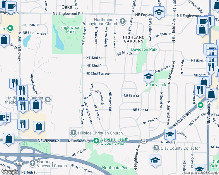 map of restaurants, bars, coffee shops, grocery stores, and more near 5103 Northeast Marvin Road in Kansas City